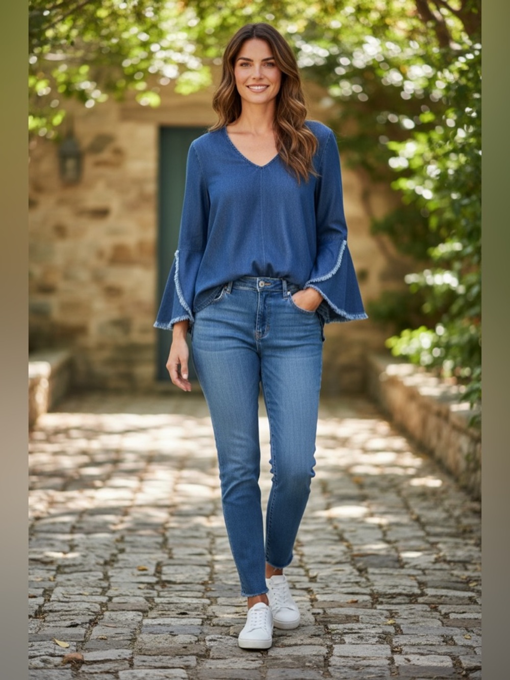 Maven West Indigo Denim Bell-Sleeve Fringe Tunic Blouse | NWT